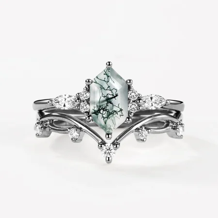 Hexagonal Cut Green Moss Agate Nature Inspired Black Sterling Silver Bridal Ring Set