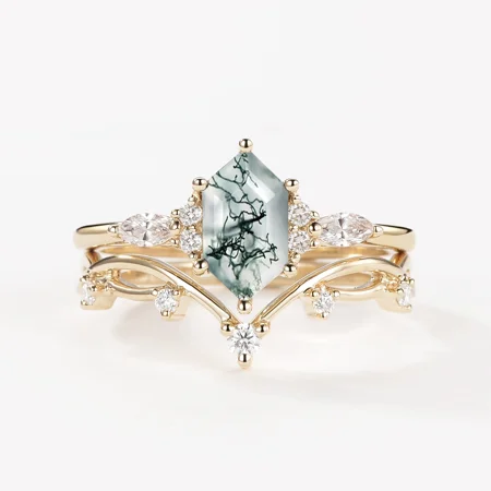 Hexagonal Cut Green Moss Agate Nature Inspired Yellow Gold Sterling Silver Bridal Ring Set