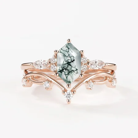 Hexagonal Cut Green Moss Agate Nature Inspired Rose Gold Sterling Silver Bridal Ring Set