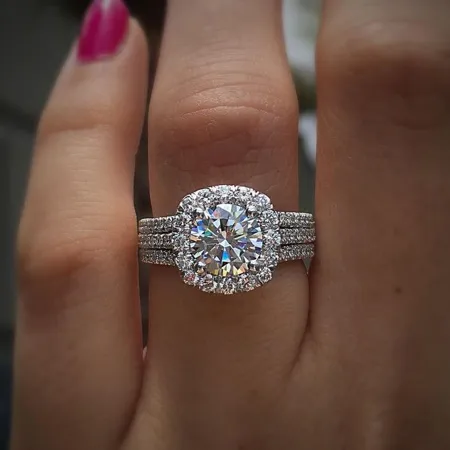 Round Cut Diamond White Halo Engagement Ring in Sterling Silver