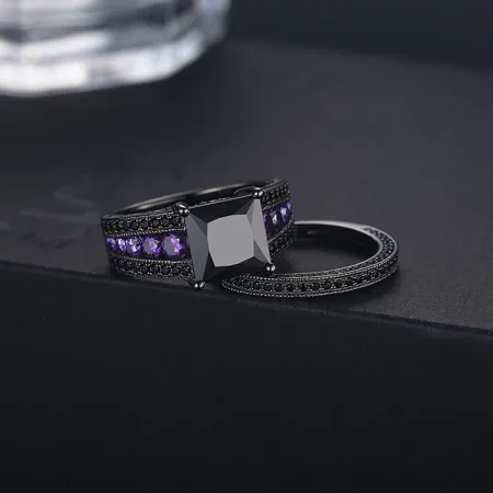 Princess Cut Fancy Black Sterling Silver Bridal Ring Set