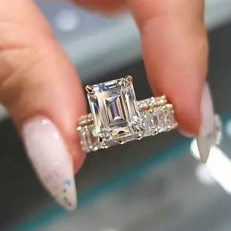 Emerald Cut Diamond White Yellow Gold Classic Ring Sets in 925 Sterling Silver