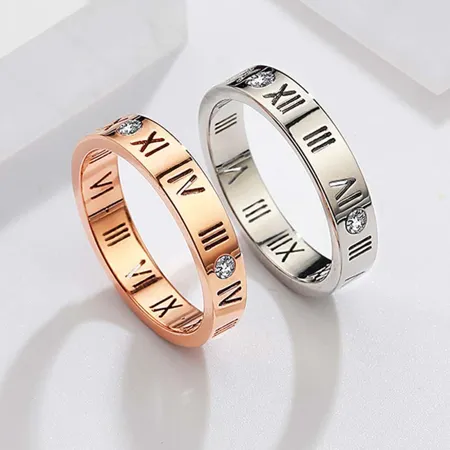 Roman Numerals Round Diamond White Titanium Silver Rose Gold Couple Rings