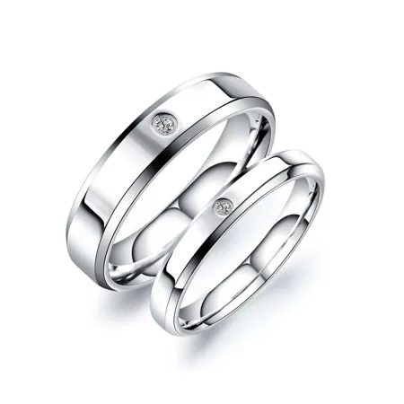 Round Diamond White Titanium Silver Couple Rings