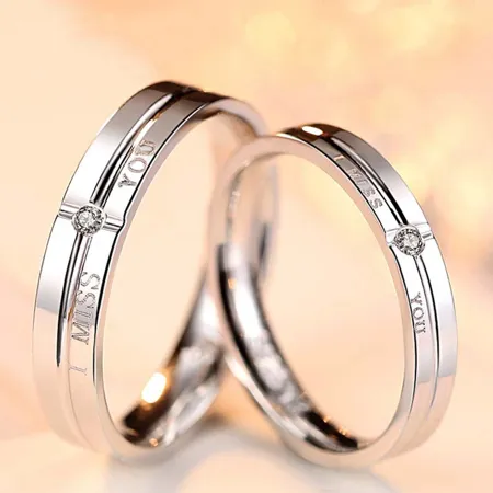 I Miss You Round Diamond White Sterling Silver Couple Rings