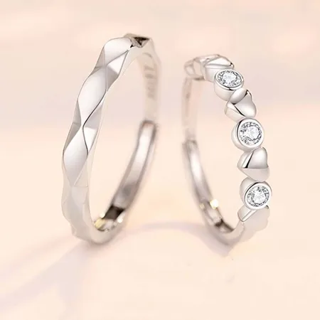 Round Diamond White Sterling Silver Heart Couple Rings