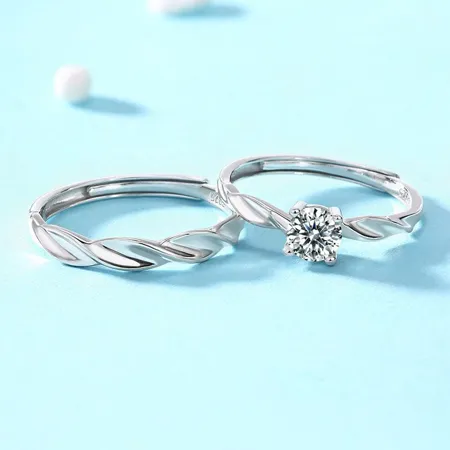 Round Cut Moissanite Diamond White 925 Sterling Silver Adjustable Size Couple Rings