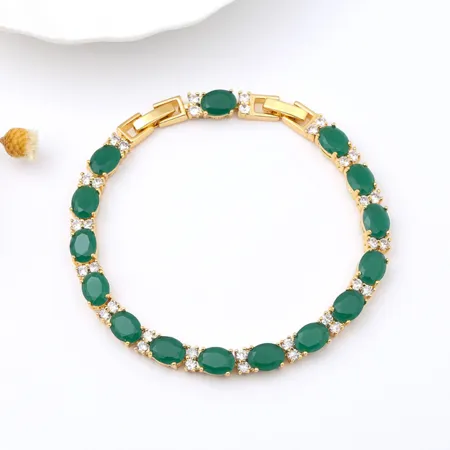 Green Crystal Yellow Gold 7" Bracelet