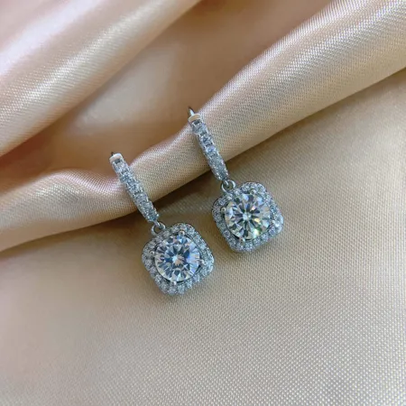 Round Diamond White 925 Sterling Silver Halo Drop Earrings