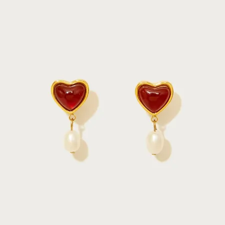 18K Gold Plated Carnelian Pearl Drop Earrings
