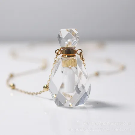 Mini Perfume Bottle Crystal Quartz Yellow Gold 25.6 Inches Necklace