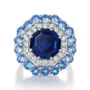 Octagon Cut Sapphire Blue Sterling Silver Double Halo Engagement Ring