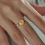 Round Cut Citrine Yellow 925 Sterling Silver Yellow Gold 3-Stone Engagement Ring