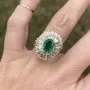 Oval Cut Emerald Green 925 Sterling Silver Yellow Gold Halo Art Deco Engagement Ring