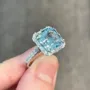Asscher Cut Aquamarine Sterling Silver Halo Engagement Ring