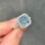 Asscher Cut Aquamarine Sterling Silver Halo Engagement Ring