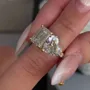 Emerald and Heart Cut Diamond White 925 Sterling Silver Yellow Gold Hidden Halo Engagement Ring