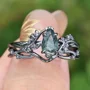 Pear Cut Green Moss Agate Nature Inspired Black Sterling Silver Engagement Ring