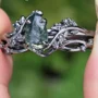 Pear Cut Green Moss Agate Nature Inspired Black Sterling Silver Engagement Ring