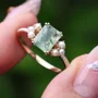 Emerald Cut Green Moss Agate Nature Inspired Sterling Yellow Gold Engagement Ring