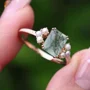 Emerald Cut Green Moss Agate Nature Inspired Sterling Yellow Gold Engagement Ring
