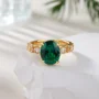 Oval Cut Emerald Green Sterling Silver Yellow Gold Engagement Ring
