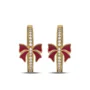 Round Cut Diamond White Sterling Silver Yellow Gold Hoop Earrings with Red Bow