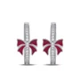 Round Cut Diamond White Sterling Silver Hoop Earrings with Red Bow