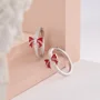 Round Cut Diamond White Sterling Silver Hoop Earrings with Red Bow