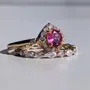 Round Cut Fancy Pink 925 Sterling Silver Yellow Gold Halo Ring Set