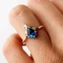 Pear Cut Sapphire Blue 925 Sterling Silver Yellow Gold Art Deco Ring Set