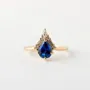 Pear Cut Sapphire Blue 925 Sterling Silver Yellow Gold Art Deco Ring Set