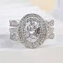 Oval Cut Diamond White Sterling Silver Double Halo Ring Set