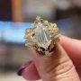 Hexagonal Cut Diamond White 925 Sterling Silver Yellow Gold Art Deco Jacket Ring