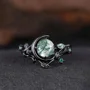 Round Cut Green Moss Agate Nature Inspired Black Sterling Silver Bridal Ring Set