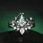 Kite Cut Green Moss Agate Nature Inspired Black Sterling Silver Bridal Ring Set