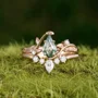 Kite Cut Green Moss Agate Nature Inspired Yellow Gold Sterling Silver Bridal Ring Set