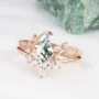Kite Cut Green Moss Agate Nature Inspired Rose Gold Sterling Silver Bridal Ring Set
