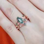 Hexagonal Cut Green Moss Agate Nature Inspired Rose Gold Sterling Silver Bridal Ring Set