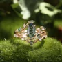 Hexagonal Cut Green Moss Agate Nature Inspired Rose Gold Sterling Silver Bridal Ring Set