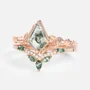 Kite Cut Green Moss Agate Nature Inspired Rose Gold Sterling Silver Bridal Ring Set