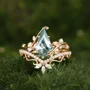 Kite Cut Green Moss Agate Nature Inspired Rose Gold Sterling Silver Bridal Ring Set