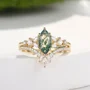 Marquise Cut Green Moss Agate Nature Inspired Yellow Gold Sterling Silver Bridal Ring Set