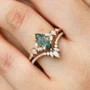Marquise Cut Green Moss Agate Nature Inspired Yellow Gold Sterling Silver Bridal Ring Set