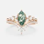 Marquise Cut Green Moss Agate Nature Inspired Rose Gold Sterling Silver Bridal Ring Set