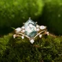Hexagonal Cut Green Moss Agate Nature Inspired Rose Gold Sterling Silver Bridal Ring Set