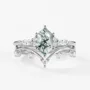 Hexagonal Cut Green Moss Agate Nature Inspired Sterling Silver Bridal Ring Set