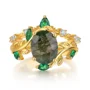 Oval Cut Green Moss Agate Nature Inspired Sterling Silver Yellow Gold Bridal Ring Set