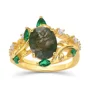 Oval Cut Green Moss Agate Nature Inspired Sterling Silver Yellow Gold Bridal Ring Set