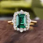 Emerald Cut Emerald Green Yellow Gold Halo Engagement Ring in 925 Sterling Silver